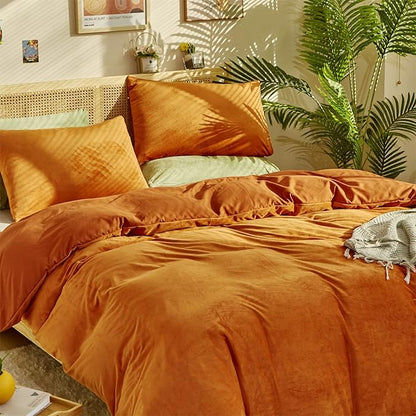 KAREVER Burnt Orange Color Velvet Comforter Set King Solid Rust Color Flannel Velvet Bedding Comforter Set All Caramel Colour 3 PCs Shaggy Soft Warm and Durable Flannel Blanket King