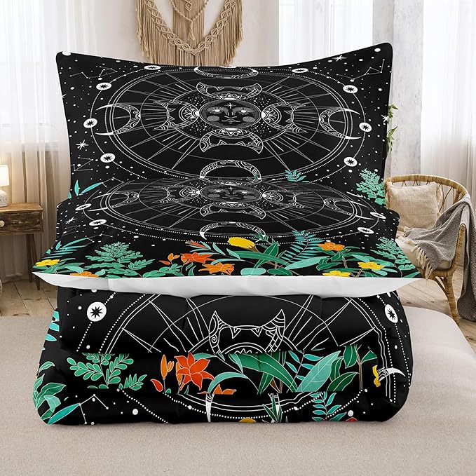 Tailor Shop Celestial Bedding King Size,Sun and Moon Bedding for Boys Girls Kids Teens,Galaxy Comforter,Gothic Comforter Witchy Comforter Boho Exotic Black Bed with 2 Pillowcases, Yh-sun and Moon 19