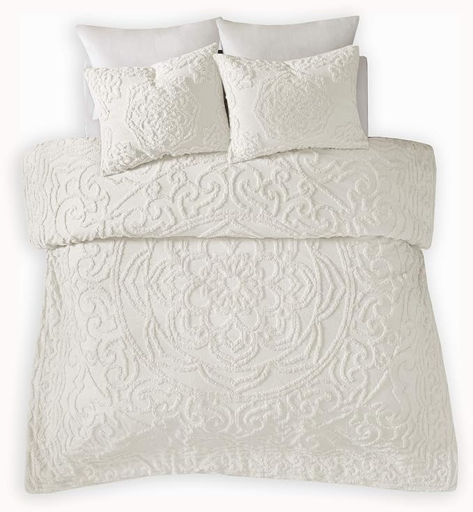 Madison Park Laetitia Comforter Bohemian Tufted Cotton Chenille, Medallion Shabby Chic All Season Down Alternative Bed Set with Matching Shams, Floral Off White Twin/Twin XL(68"x92") 2 Piece