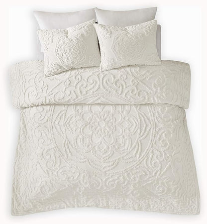 Madison Park Laetitia Comforter Bohemian Tufted Cotton Chenille, Medallion Shabby Chic All Season Down Alternative Bed Set with Matching Shams, Floral Off White King/Cal King(104"x92") 3 Piece