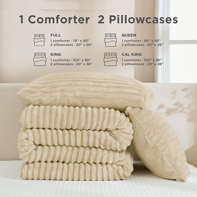Andency Fleece Queen Comforter Set, 3 Pieces Beige Comforter Set for Queen Size Bed, Soft Warm Cream Fluffy Fuzzy Luxury Bedding Set for Winter (1 Comforter & 2 Pillowcases)