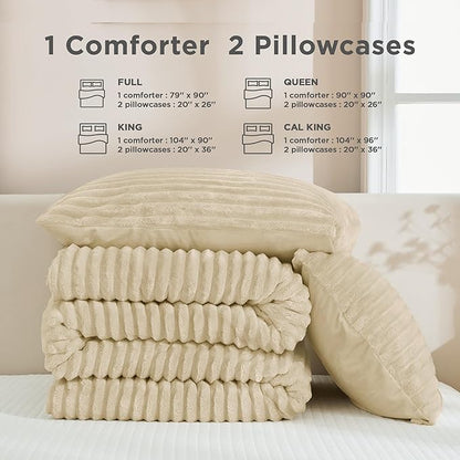 Andency Fleece Queen Comforter Set, 3 Pieces Beige Comforter Set for Queen Size Bed, Soft Warm Cream Fluffy Fuzzy Luxury Bedding Set for Winter (1 Comforter & 2 Pillowcases)