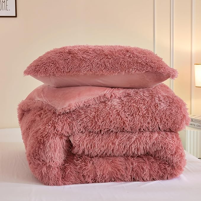 Andency Fluffy Old Pink Comforter Set Full Size, 3 Pieces Winter Faux Fur Warm Soft Fuzzy Plush Bedding Comforter Set (1 Velvet Comforter & 2 Pillowcases), Thick Heavy Comfy Comforters Bedding Set