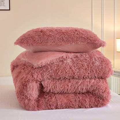Andency Fluffy Old Pink Comforter Set Full Size, 3 Pieces Winter Faux Fur Warm Soft Fuzzy Plush Bedding Comforter Set (1 Velvet Comforter & 2 Pillowcases), Thick Heavy Comfy Comforters Bedding Set