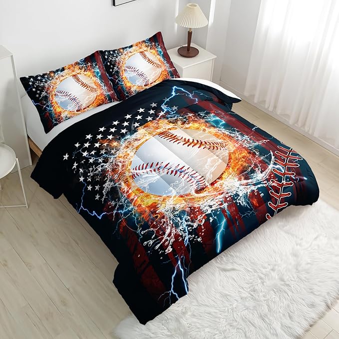 Kids Baseball Bedding Sets - Twin Size Sports Theme Comforter Set with 1 Comforter and 2 Pillowcases