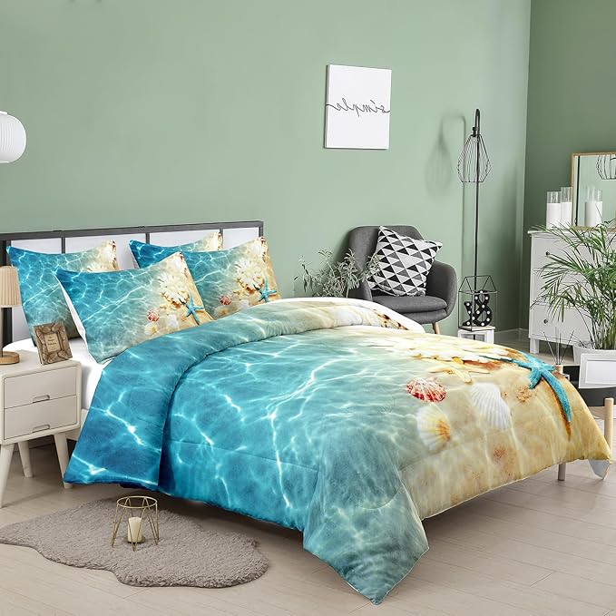 Tailor Shop Coastal Comforter Sets Coastal Bedding Sets Queen Size Beach Themed Bedding Set Starfish Sea Shell Ocean Bed Sets with 1 Comforter 2 Pillowcases…