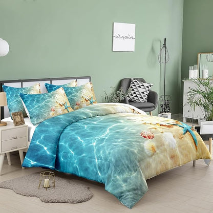Tailor Shop Coastal Comforter Sets Coastal Bedding Sets Queen Size Beach Themed Bedding Set Starfish Sea Shell Ocean Bed Sets with 1 Comforter 2 Pillowcases…
