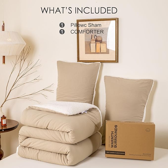 Ultra-Soft Sherpa Fleece Warm Twin/Twin XL Bed Down Alternative Comforter Set with 1 Pillowsham for Child Kid Dorm - Beige and White Fluffy Surface for Cozy Autumn Winter Christmas Nights