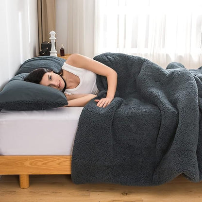 Warmth Queen Comforter Set - Super Soft Fluffy Sherpa Fleece PolyCotton Down Alternative Bedding Blanket Comforter Pillowsham, Plush Medium Weight for Winter Autumn, Dark Dusty Blue Grey Full/Queen