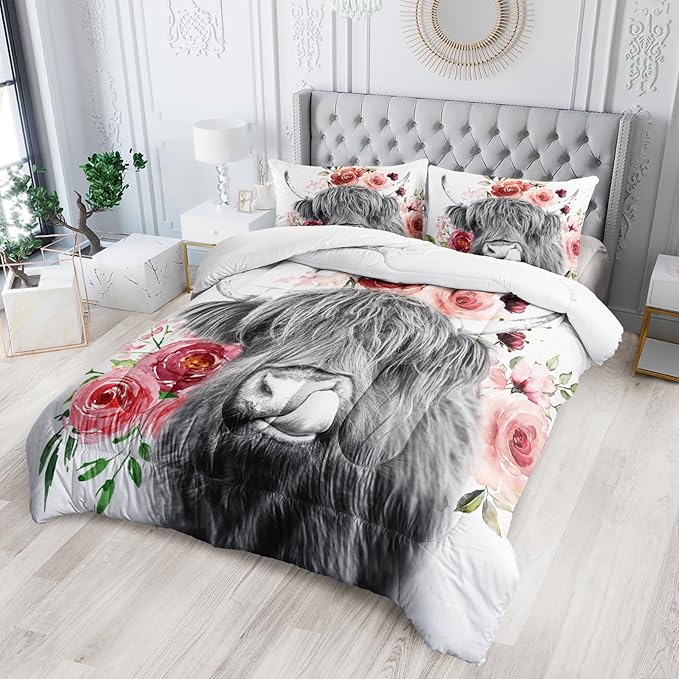 Highland Cow Comforter Sets Queen，Bedding Sets for Kids,Wildlife Farmhouse Flower Cow Comforter Sets All Season 1 Comforter and 2 Pillowcases