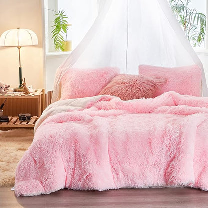 UOZZI BEDDING Pink Faux Fur Comforter Set Twin 3 Pieces - 1 Shaggy Comforter Set 68x86 and 2 Pillowcases, Ultra Soft and Easy Care Luxury Plush Shaggy Duvet Set for Girls Women Princess Style