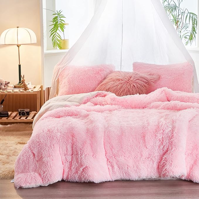 UOZZI BEDDING Pink Faux Fur Comforter Set King 3 Pieces - 1 Shaggy Comforter Set 104x90 with 2 Pillowcases, Ultra Soft and Easy Care Luxury Plush Shaggy Duvet Set for Girls Women Princess Style