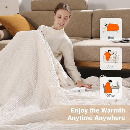 Electric Blanket Twin Heated Blanke 62"x84" Striped Flannel & Thick Sherpa, 5 Heat Settings & 10 Hour Auto Off with FCC/ETL Certified, Overheat Protection & Machine Washable, White