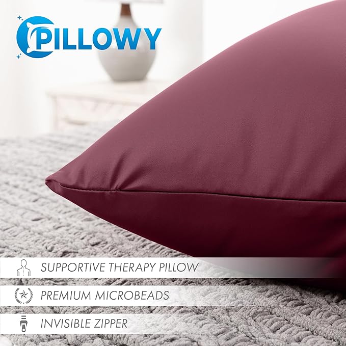 PILLOWY 18x18 Throw Pillow - Burgundy - Merlot: 1Pcs Luxurious Premium Microbead Pillow with 85/15 Nylon/Spandex Fabric. Forever Fluffy, Outstanding Beauty & Support. Silky, Soft & Beyond Comfortable