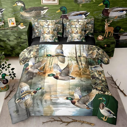 Lake Cabin Bed in a Bag King Size Comforter Set 7 Pieces,Mallard Duck Bedding Sets Mens Country Tree Branch Camouflage Comforter and Sheet Set, Woodland Animals Hunting Bed Sets,Rustic Farmhouse Decor