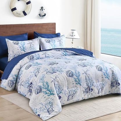 WONGS BEDDING Coastal Queen Size Comforter,7 Pieces Beach Nautical Themed Bed in a Bag Bedding Set,Ocean Coral Starfish Pattern Soft Comforters for All Season, 90"x90"