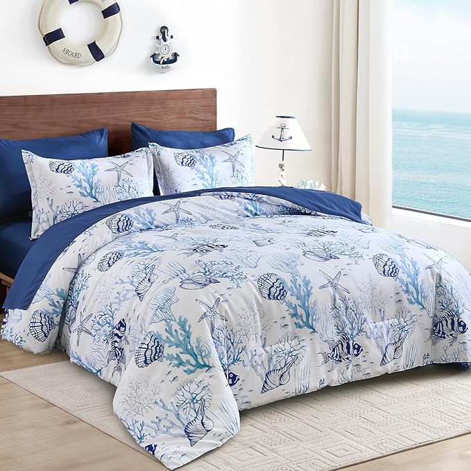 WONGS BEDDING Coastal King Size Comforter,7 Pieces Beach Nautical Themed Bed in a Bag Bedding Set,Ocean Coral Starfish Pattern Soft Comforters for All Season, 96 * 104"