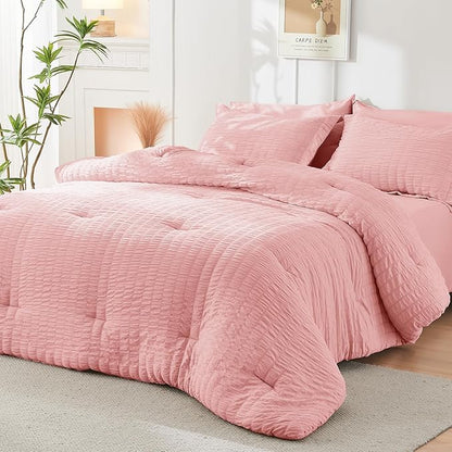 HYMOKEGE Rose Pink Twin Comforter Set Seersucker 5 Pieces, All Season Luxury Bed in a Bag for Bedroom, Bedding Set with Comforter, Sheets, Pillowcase & Sham