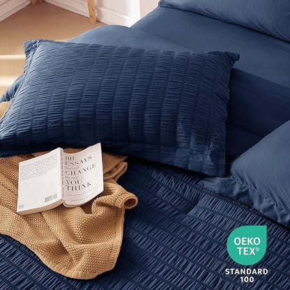 MUXHOMO 7 Pieces King Comforter Set, Seersucker Bed in a Bag King Size, All Season Luxury Bedding Set with Comforter, Flat Sheet, Fitted Sheet, Pillowcases & Shams, Navy Blue