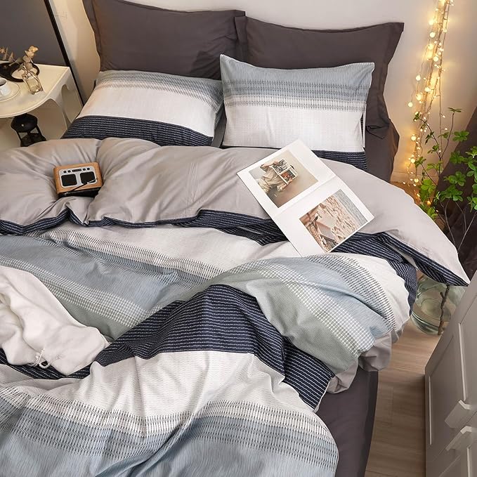 VM VOUGEMARKET Striped Comforter Set Queen Blue Gray Stripes Comforter with 2 Pillowcases Simple Modern Bedding Set Bed in a Bag All Season Queen Comforter Set for Teens Adults