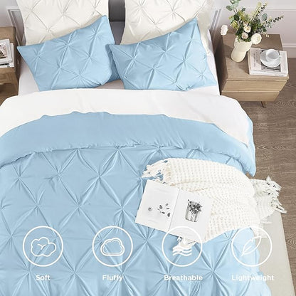 Andency Light Blue Queen Comforter Set, 3 Piece All Season Decorative Pintuck Bedding Comforter & Sets, Light Blue Soft Microfiber Lightweight Washable Bed Set for Queen Size Bed