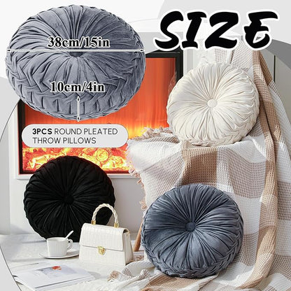 3 Pcs Round Throw Pillows Decorative Velvet Pleated Throw Pillows 15'' Diameter Accent Pumpkin Boho Chair Cushion for Couch Sofa Chair Bed Home Decoration (Black,White,Gray)