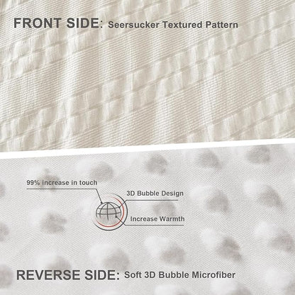Boho Comforter Set King Size Striped Pleats Bohemian Seersucker Bedding Set All Season Soft Cozy 3 Pieces Quilt with 2 Pillowcases(104"X90" White)