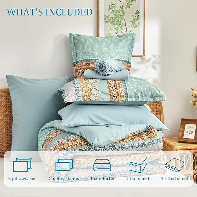 Boho Comforter Set King Size Sage Green - 7 Pieces Bohemian Floral Striped Comforter and Sheet Set, Soft Bed in a Bag Complete Bedding Sets King Size for All Season (Sage Green,King)