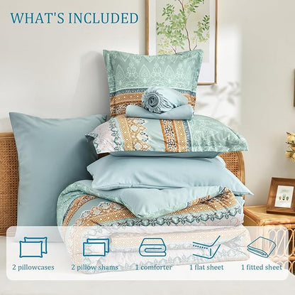 Boho Comforter Set King Size Sage Green - 7 Pieces Bohemian Floral Striped Comforter and Sheet Set, Soft Bed in a Bag Complete Bedding Sets King Size for All Season (Sage Green,King)