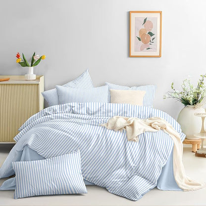 Nayoroom Blue Striped Comforter Set Queen Size White Stripe Comforter 3 Pieces Girls Soft Lightweight Pinstripe Dorm Bedding Set for All Seasons