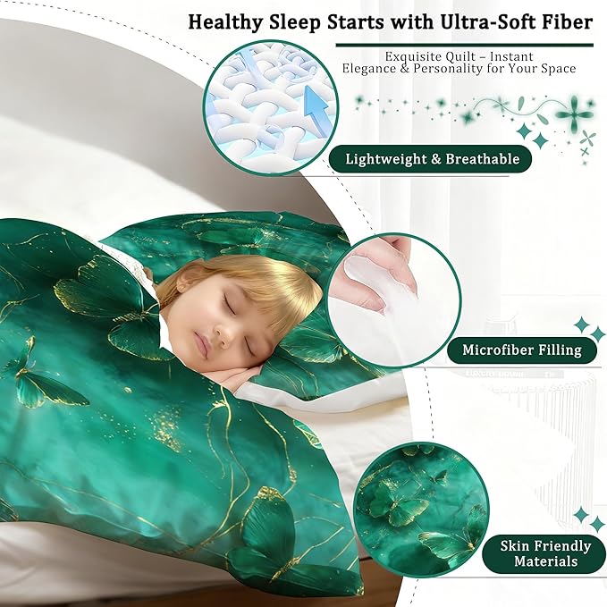 Emerald Green Marble Comforter Set Twin Size Teal Dark Green Marbled Bedding Set Modern Marbling Art Glitter Bedding Giltter Butterflies Quilt Set with 1 Comforter + 1 Pillowcase