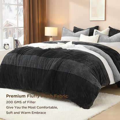 Litanika Fluffy Fleece Full Size Comforter Set, Luxury Soft Plush Fuzzy Black & White Stripe Bedding Comforter Sets, Warm Shaggy Faux Fur Bed Set All Season (1 Comforter, 2 Pillowcases)
