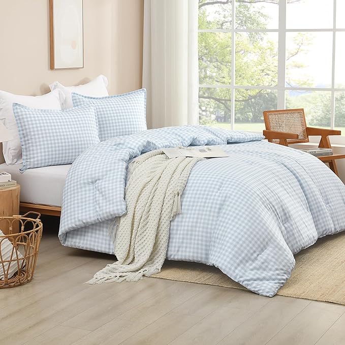 Andency Blue Checkered Comforter King(104x90Inch), Plaid Gingham Buffalo Grid Bedding Comforter Sets for Boys Kids Teens, 3 Pieces Lightweight Microfiber Geometric Preppy Bed Set