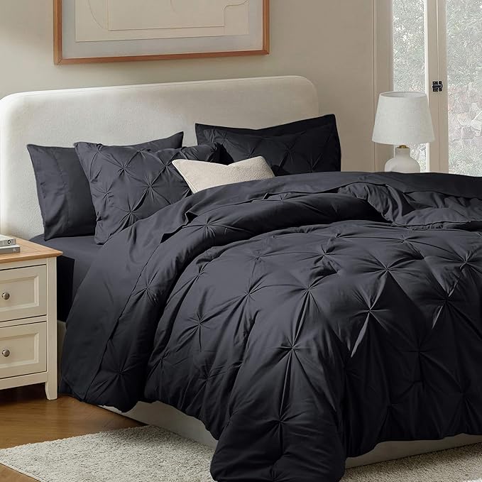 Nestl California King Comforter Set 7 Piece - Pintuck Cal King Comforter Set Black, California King Bed in a Bag, All Season Bed Set with Flat Sheet and Fitted Sheet, Pillowcases and Shams