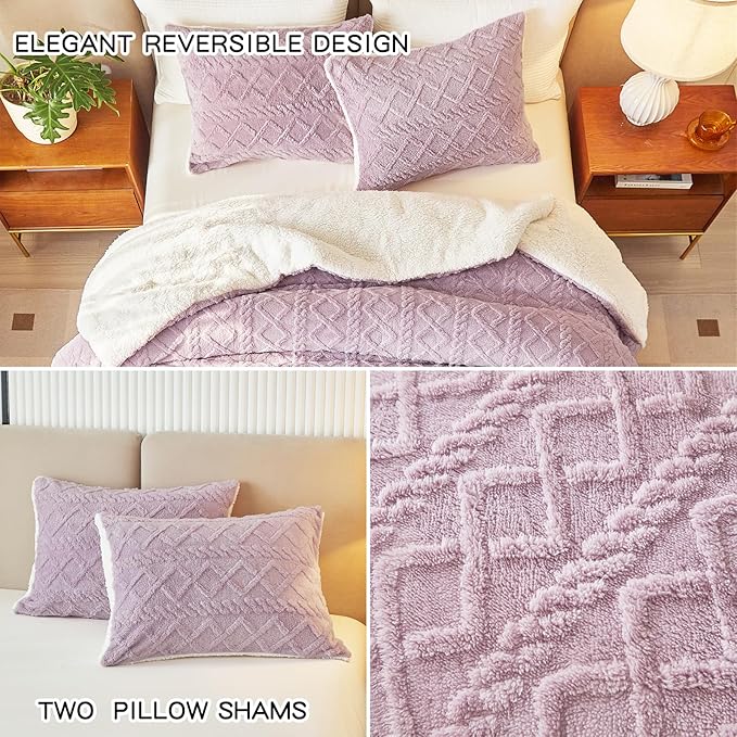 Joyreap 3-Piece Fluffy Faux Fur Sherpa Comforter Set Purple, Twin Size Luxury Tufted Bedding Comforter Set, All Season Soft n Cozy Plush Comforter Bed Set- 68x86 inches