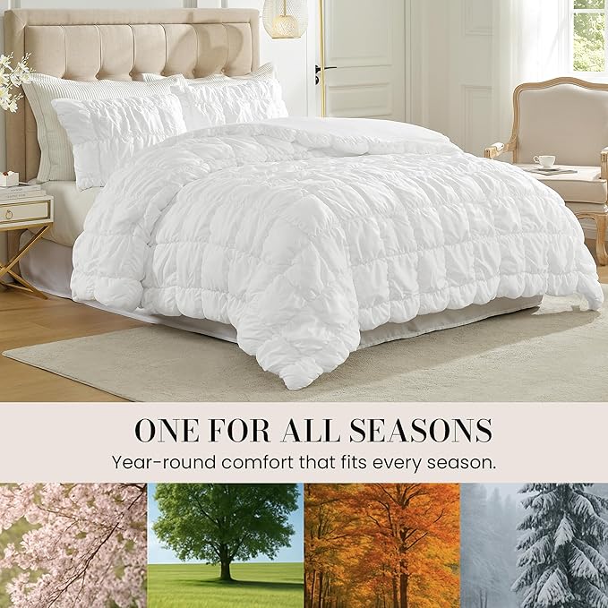 Amélie Home Queen Comforter Set, 3 Pieces White Bubble Bedding Set for All Season, Ultra Soft Cozy Comforter, Farmhouse Luxury Gift for Women Home Decor