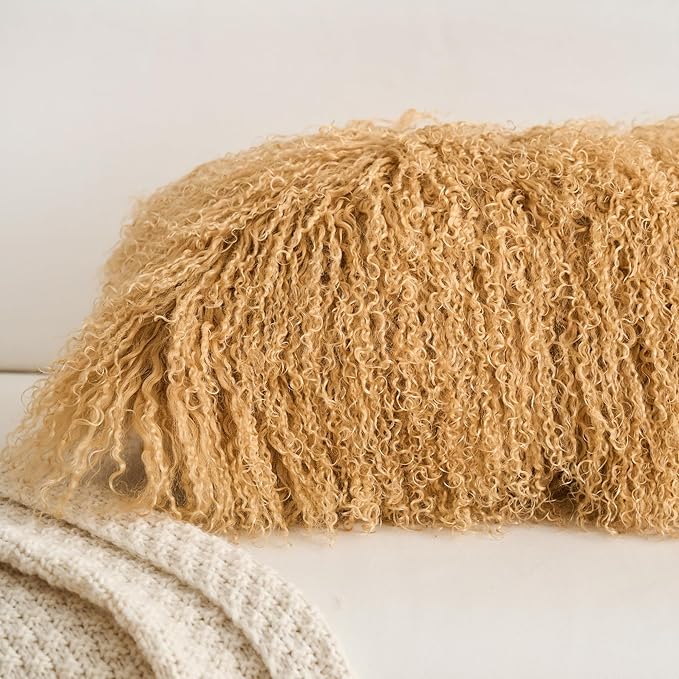 Genuine Mongolian Lamb Fur Pillow Cover – 12"x20" Rectangular Cushion Case – Soft Curly Wool Decorative Accent for Sofa, Bed, or Chair (Toffee)