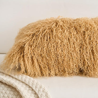 Genuine Mongolian Lamb Fur Pillow Cover – 12"x20" Rectangular Cushion Case – Soft Curly Wool Decorative Accent for Sofa, Bed, or Chair (Toffee)