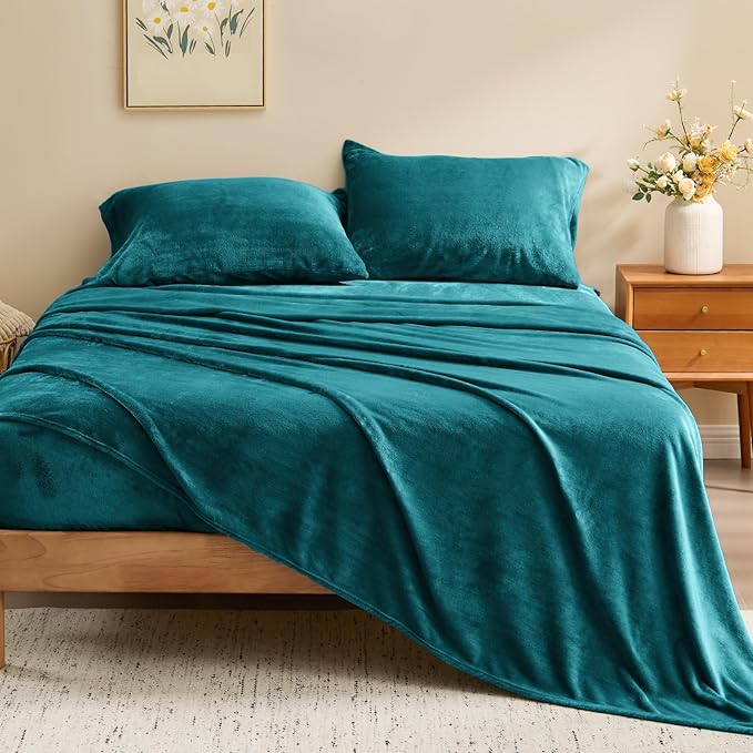 BEDELITE Flannel Sheets Full Size Teal - Super Soft Fleece Sheets Set Fluffy Extra Plush, 4 Piece(Include Fitted Sheet, Flat Sheet, 2 Pillowcases)