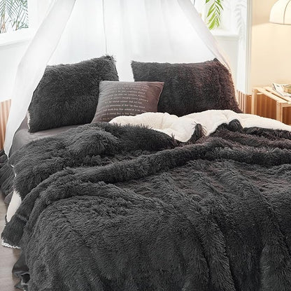 UOZZI BEDDING Black Faux Fur Comforter Set Twin 3 Pieces - 1 Black Shaggy Comforter Set 68x86 and 2 Pillowcases, Ultra Soft and Easy Care Luxury Plush Shaggy Duvet Set