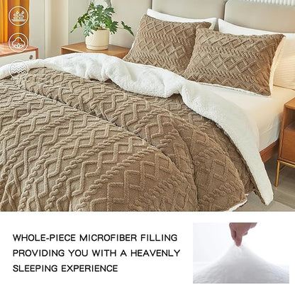 Joyreap 3-Piece Fluffy Faux Fur Sherpa Comforter Set Coffee, Twin Size Luxury Tufted Bedding Comforter Set, All Season Soft n Cozy Plush Comforter Bed Set- 68x86 inches