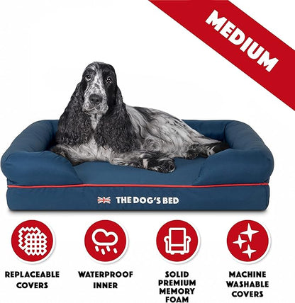 The Dog’s Bed Orthopedic Memory Foam Dog Bed with Bolsters, Oxford Fabric, Blue with Dark Red Trim, M