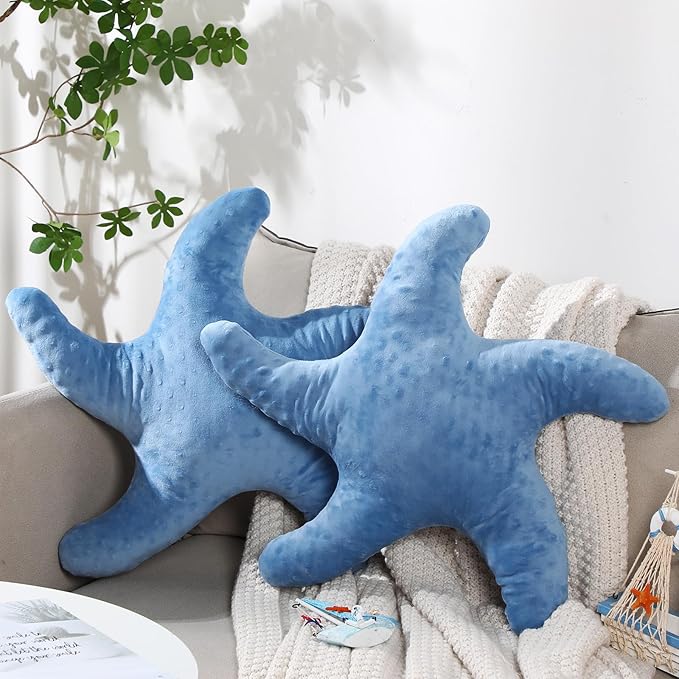 Fumete Starfish Pillow Beach Starfish Shaped Throw Pillows 20'' Stuffed Animal Cute Plush Coastal Decor Ocean Star Pillow Plush Cushion for Bedroom Living Room Sofa Couch(Dark Blue,2 Pcs)
