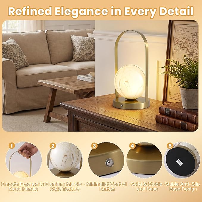 Portable Rechargeable Table Lamp with Marble Pattern Glass Shade – Gold Plated Metal Frame, Cordless LED Desk Light for Bedroom, Nursery, Camping
