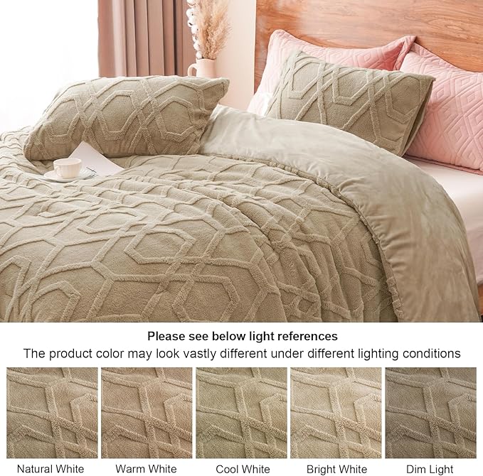 PHF Warm Sherpa Fleece Twin Comforter Set, 3D Tufted Fluffy Khaki Bedding for Winter, Soft 2 Pieces Shaggy Bed Set, 1 Comforter (68"x90") and 1 Pillowcase (20"x26")