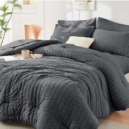 HYMOKEGE Twin Comforter Set Seersucker 5 Pieces, All Season Luxury Bed in a Bag for Bedroom, Bedding Set with Comforters, Sheets, Pillowcase & Sham, Dark Grey