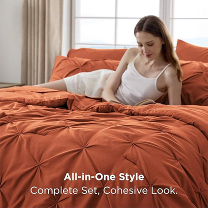 Bedsure Full Comforter Set Burnt Orange - Bed in a Bag Full Size Bedding Set 7 Pieces, GentleSoft™ Pintuck Bed Set Gift for Family, Pinch Pleat All Season Comforter with Sheets, Pillowcases & Shams