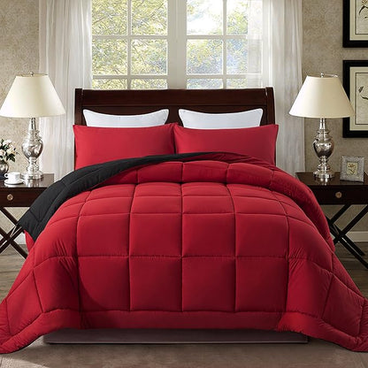 DOWNCOOL King Size Comforter Set -All Season Bedding Comforters Sets with 2 Pillow Cases -3 Pieces Bed Set Down Alternative King Bedding Set -Red/Black King Comforter Set(102"x90")