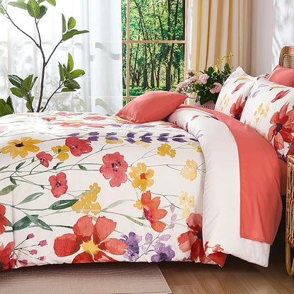 Anibedding 8Pieces Queen Comforter Set, Pink Red Watercolor Floral Queen Size Bed in a Bag Comforter Set with Pillowcase, Sheets for All Season