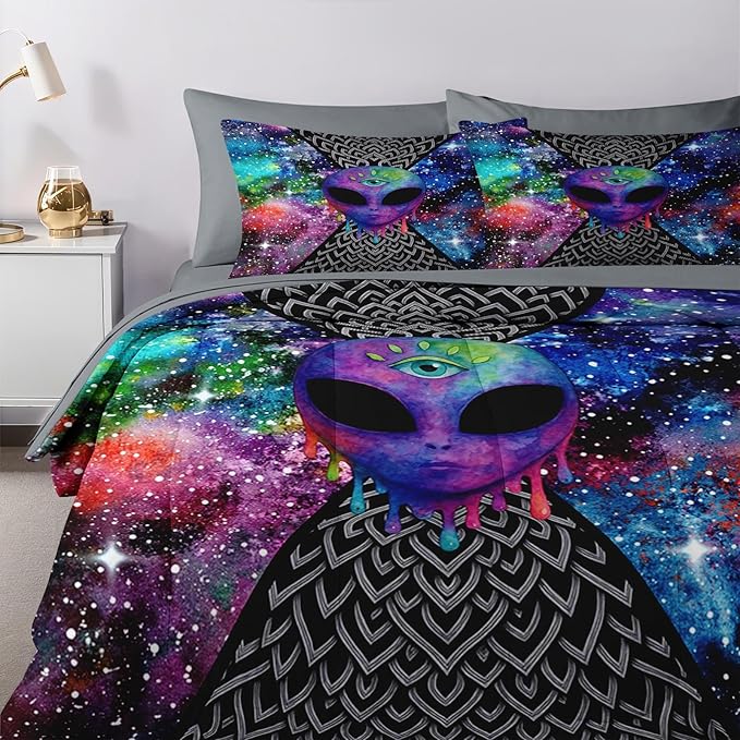 Nesker 7 Pcs Comforter Set King Size, Trippy Tie Dye Alien Abstract Bedding Set for Kids and Adults, Psychedelic Space Hippie Skull Bed Sheet Sets with Fitted Sheet 2 Pillowcases & 2 Shams